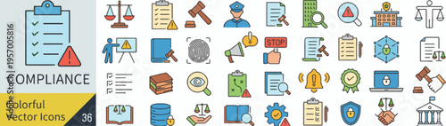 Dynamic collection of colorful vector icons illustrating key concepts of legal and business compliance, ethics, governance, and audit processes for regulatory adherence