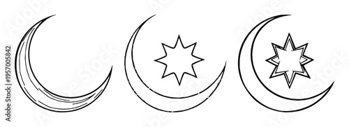 Islamic crescent and star set with golden crescent and white star over dark background featuring faith, symbolism, religious iconography with celestial and traditional design