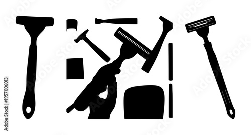 Razor shaving silhouette set with simple line art design featuring sketches, drawings, vector graphics with minimalist and simple illustrations