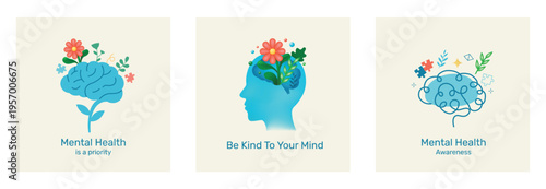 Mental health concept with flower card set. Psychotherapy illustration. Modern design.