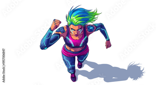 Vibrant superhero woman in motion running.