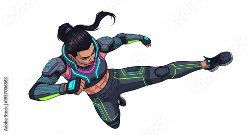 Woman in futuristic outfit performing acrobatic move.