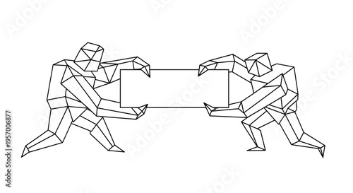 Two robotic figures pulling rope in opposite directions.