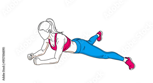 Woman performing side plank exercise with dumbbell.