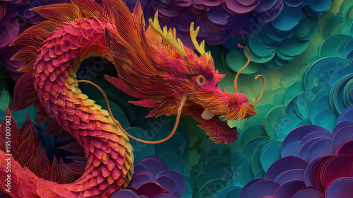 Mythical Dragon: A majestic, colorful dragon gracefully emerges, its scales and flowing mane detailed with rich hues. The scene is captivating, celebrating the artistry and wonder of mythology.