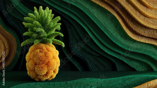 Pineapple Sculpture: A beautifully rendered pineapple sculpture with detailed texture and vibrant colors rests before a stylized wooden backdrop. Evoking natural beauty and artistic craftsmanship.