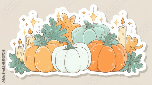Autumnal Pumpkin Patch Illustration: A vibrant illustration showcasing an arrangement of pumpkins with varying colors and sizes, interspersed with candles and leaves.