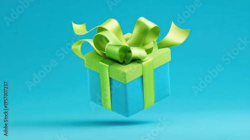Gift Box with Green Ribbon: A vibrantly colored gift box, adorned with a lush green ribbon, floats in a captivating display of celebration and generosity.