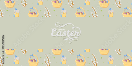 Festive Happy Easter design on pastel green background with baskets of eggs, decorated cakes, pussy willow branches, and hearts, cheerful seasonal holiday pattern for cards, textiles, and wrapping