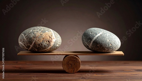 Two stones balanced on a wooden scale representing equilibrium and harmony.
