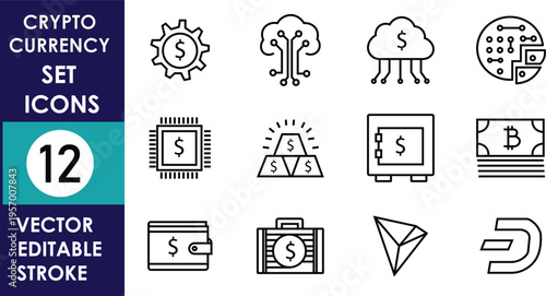 Minimal cryptocurrency icon set featuring digital coins, blockchain, mining, wallet, exchange, cloud, security, analytics, and transaction symbols in clean editable vector outline style modern