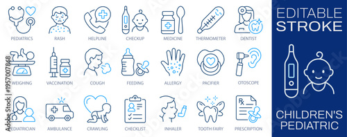 Children pediatric line icons set, healthcare and childcare concept. Pediatrics, vaccination, checkup, medicine, thermometer, dentist, allergy, feeding, and emergency symbols. Editable stroke.