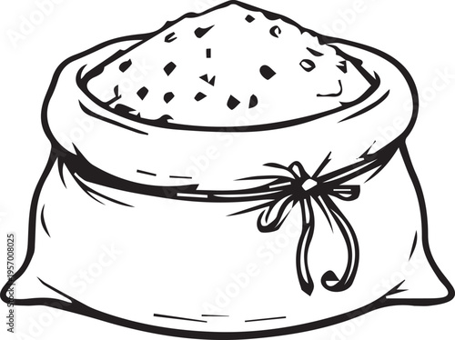 A precise hand-drawn vector illustration of rice in a burlap bag, featuring clean lines and no unnecessary details. Perfect for food, agriculture, and organic product design projects.