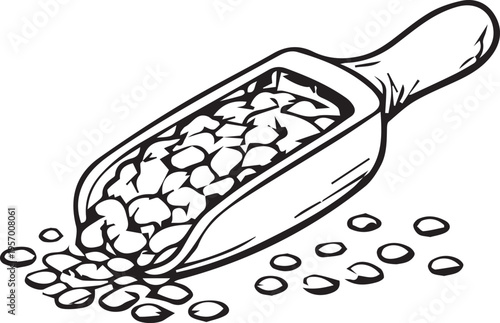 A meticulously hand-drawn vector of lentils in a measuring spoon, featuring clean lines and no unnecessary details. Ideal for food, nutrition, and organic product design projects.