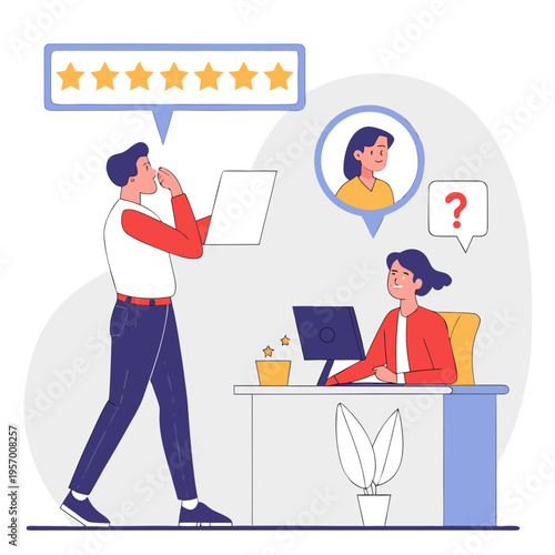 man and woman with shopping cart. Opinion and feedback from customers or employees. User reviews surveys and analysis. Business manager holding people icons and speech bubbles.