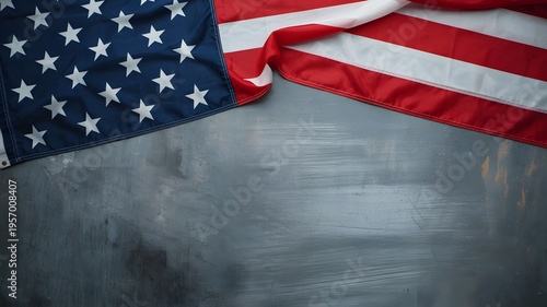 American flag draped on dark gray textured background, patriotic USA banner with copy space