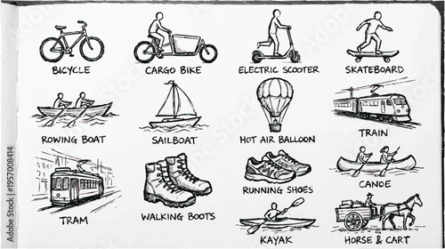 Set of 16 hand-drawn black and white transportation and travel icons vector illustration