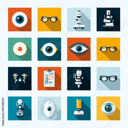 Collection of colorful eye and vision care icons for health and medical designs