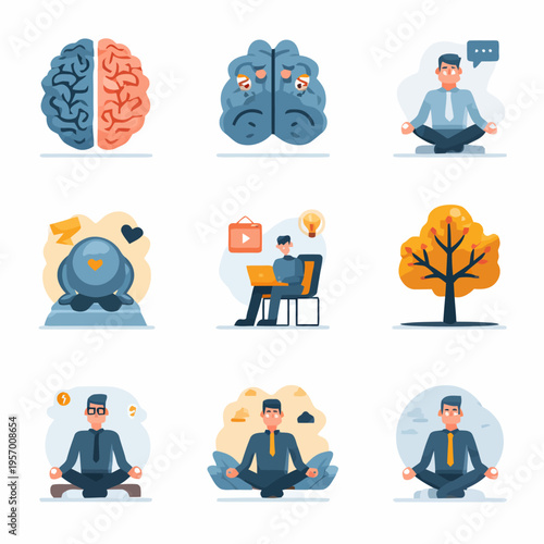 Businessman meditating with brain and productivity icons around