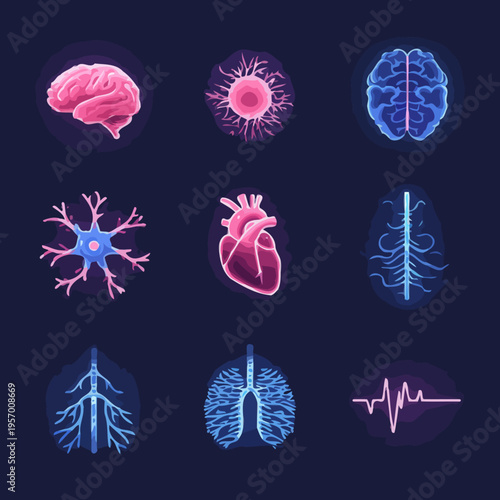 Human body organs and neurons colorful neon illustrations