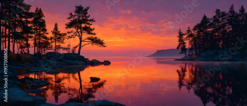 Tranquil Sunset Over Lake with Pine Trees Reflecting in Calm Water