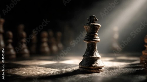 Chess Game Strategy: A strategic chess game unfolds under dramatic lighting, with a majestic king piece at the forefront, symbolizing power, intellect, and strategic planning.