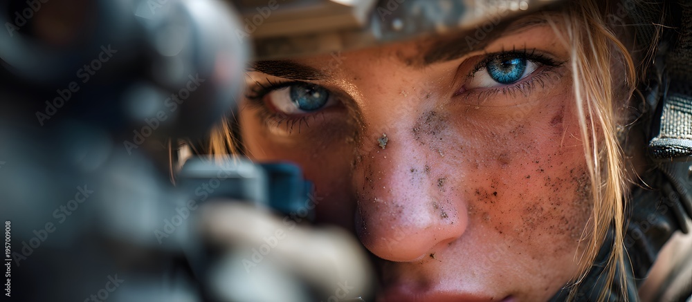 Fototapeta premium Close-up of a female soldier holding a weapon.