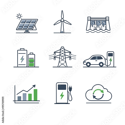 Renewable energy sources icons set