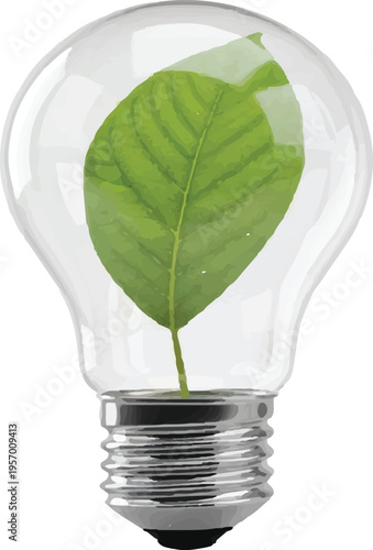 An eco light bulb innovation concept featuring a green plant leaf growing inside glass to symbolize sustainable energy power and environmental technology for nature growth.
