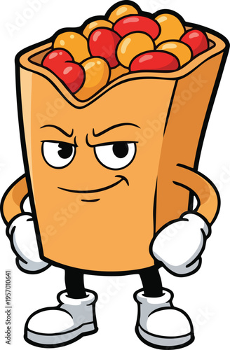 Cartoon Burrito Character with Confident Expression and Arms Akimbo.