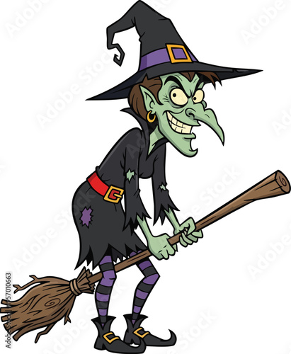 Cartoon Witch Flying on Broomstick with Evil Grin.
