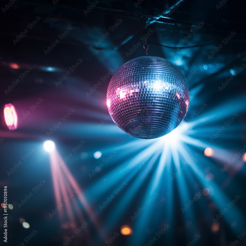 Obraz premium Disco ball hanging in darkness, reflecting blue and pink light rays creating party atmosphere