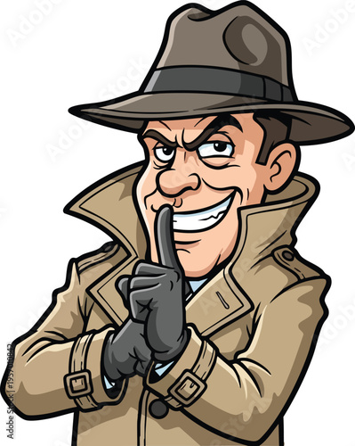 Cartoon detective in trench coat and fedora hat making a shushing gesture.
