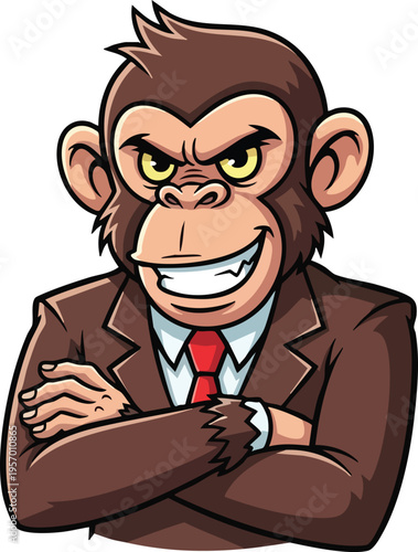 Cartoon Monkey Businessman With Arms Crossed And Grinning.