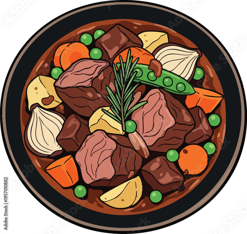 Hearty Beef Stew with Vegetables and Herbs.