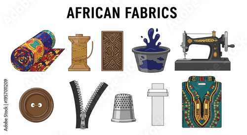 Illustrations of African fabricrelated items including textiles tools and apparel