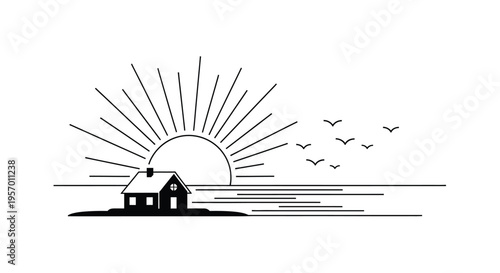 Minimalist landscape with a house and sunburst striking silhouette