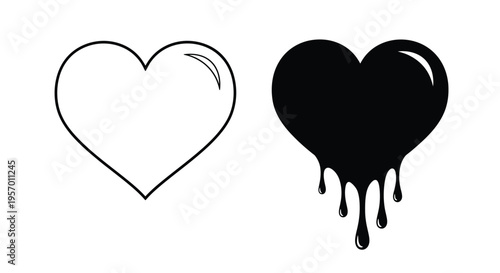 Two heart shapes one outlined and one solid depict love as a silhouette