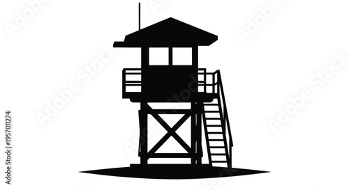 A stark black guard tower stands against a white background silhouette