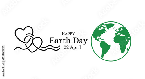 Happy Earth Day banner with green globe and line art hearts on white background