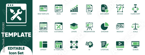 UI UX icon set. flowchart, responsive, prototype, development, layout, set, collection, interface, and editable vector.
