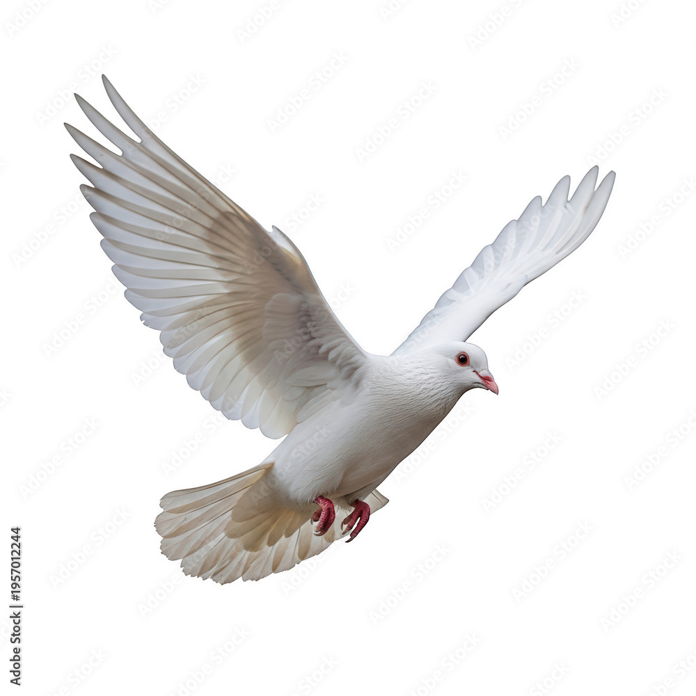 Obraz premium A white dove in flight with wings spread isolated on transparent background