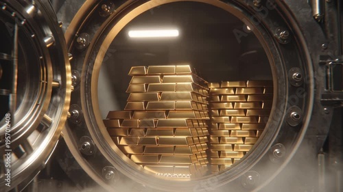 Stacks of gold bars stored securely inside a large vault door.