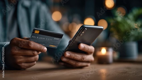 Digital Payment with Card and Phone: A person uses a credit card and smartphone to securely make a digital payment, set against the soft glow of a restaurant.