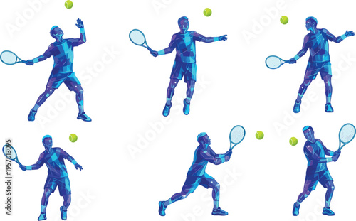 Abstract geometric low poly vector illustration set of tennis players in action poses with rackets and balls for sports design