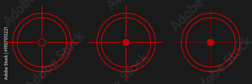 Red sniper crosshair icon set with circular reticles. Digital targeting graphics for shooting games, tactical HUD overlays, weapon aim systems, military simulation, and cyber interface design.