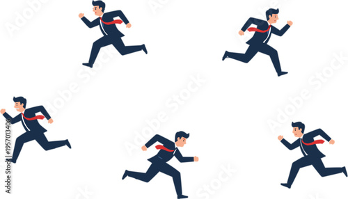 Flat vector illustration set of businessmen in suits running fast for competition deadline and career success concepts on white background