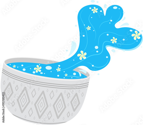 Songkran Celebrations Water Splashing from Patterned Bowl with Yellow Flower Accents