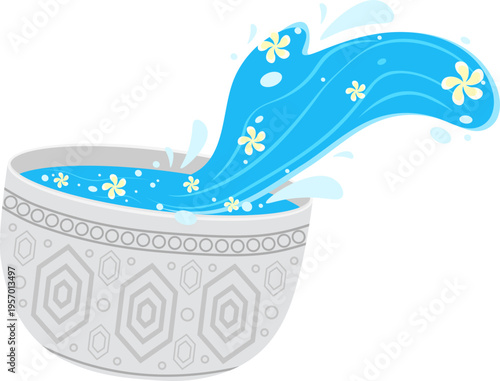 Water Splashing from Bowl with Flowers for Songkran Festival Celebration Illustration