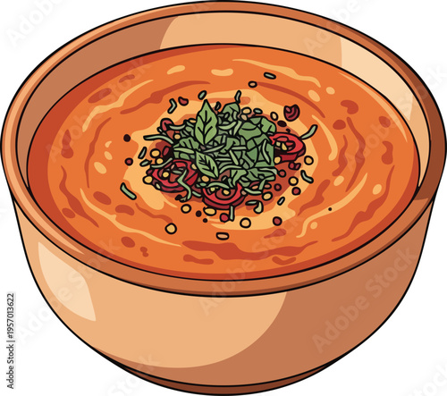 Delicious Bowl of Spicy Red Lentil Soup with Fresh Herbs.
